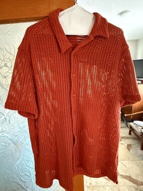 Textured Open Knit Short Sleeve Button Down Shirt